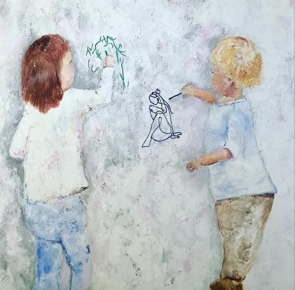 Helle Sneum - maleri af to børn, der tegner på væggen