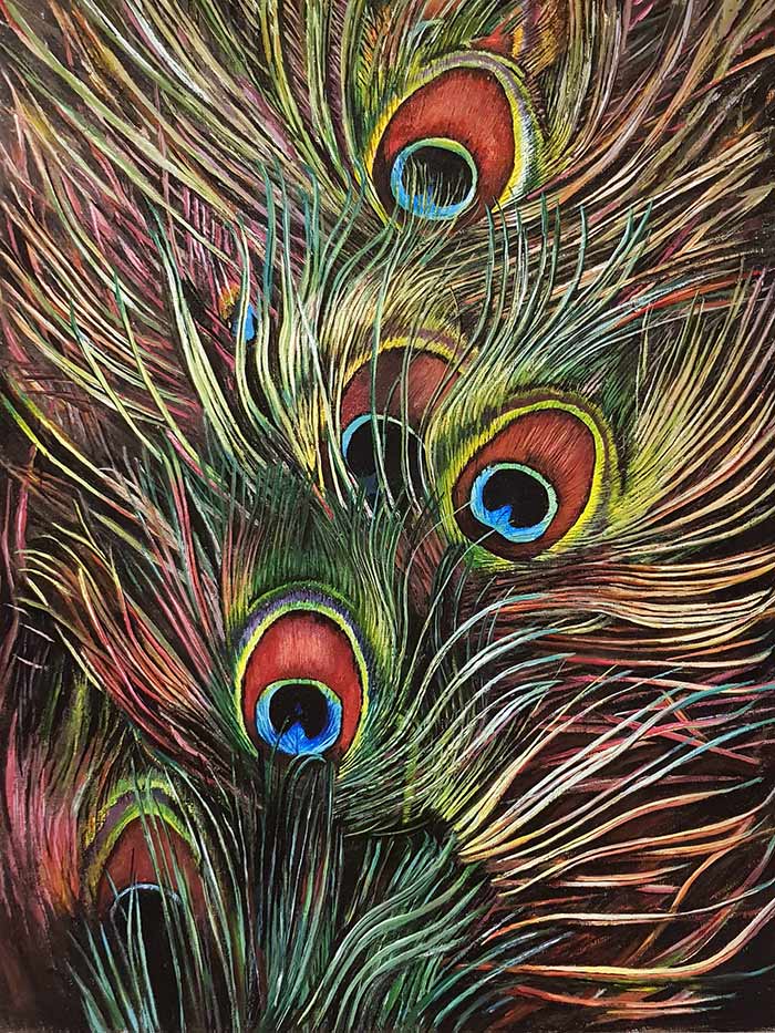 Påfuglefjer maleri af kunstner Tina Agerbo