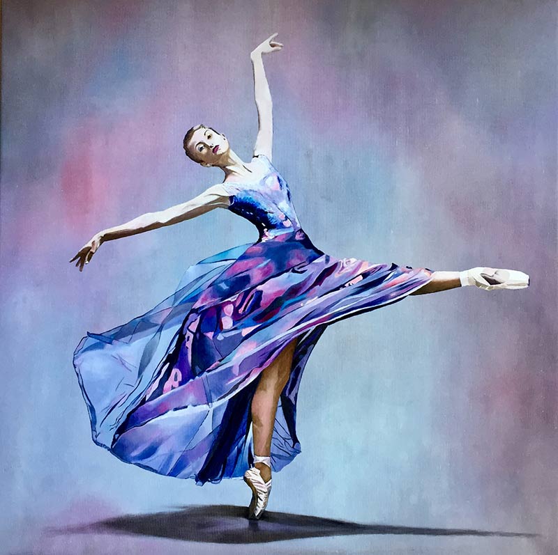 Maleri af ballet danser i akvarel og olie af kunstner Leila Holberg